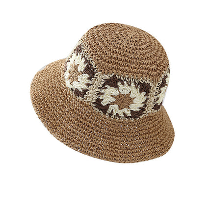 Trendy Floral Woven Straw Hat Summer Sun Protection Sunshade Fisherman Hat Foldable Wide Brim Face-Slimming Beach Vacation