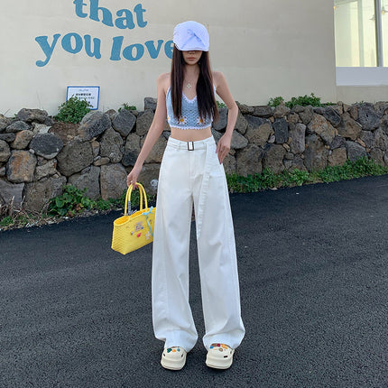 Vintage Belt Wide Leg Jeans Women's 2025 Summer New Style Straight Loose High Waist Dosing Slim-fit Mop Pants