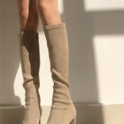 Nude High-Heeled Boots for Women 2025 New Autumn and Winter Style Over-The-Knee Elastic Slim Boots Pointed Toe Thick Heel Boots