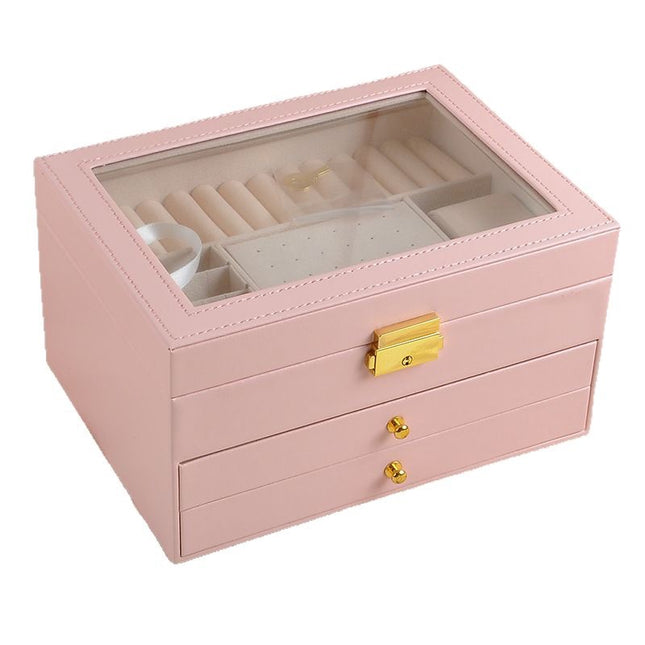 Jewelry Box Three-Layer Leather Jewelry Bracelet Storage Box with Hardware Lock and Window for Rings and Earrings Gift Box