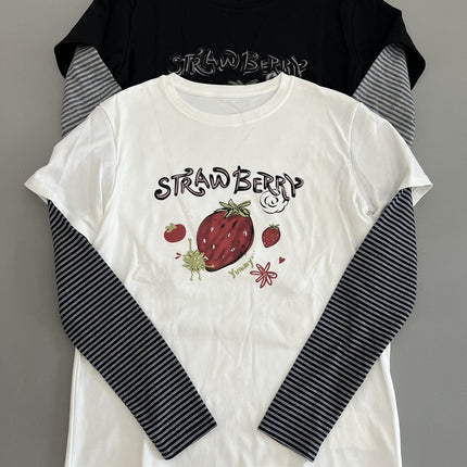 Brushed Strawberry Print Fake Two-Piece Long-Sleeved T-Shirt for Women Spring & Fall New Casual Versatile Round Neck Top to Look Slim and Reduce Age