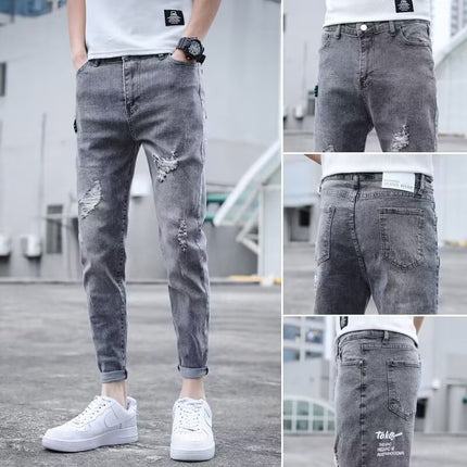 Men's Trendy Summer Thin Light-Colored Slim Fit Skinny Stretch Casual Straight Versatile Washed Jeans