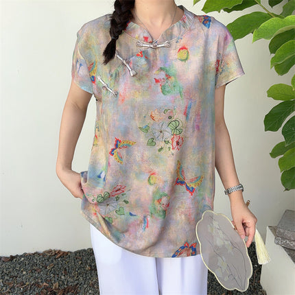 Chinese-Style Button Cotton Silk T-Shirt for Women, Summer Thin Large-Size Rayon V-Neck Pullover Printed Top, National Trend