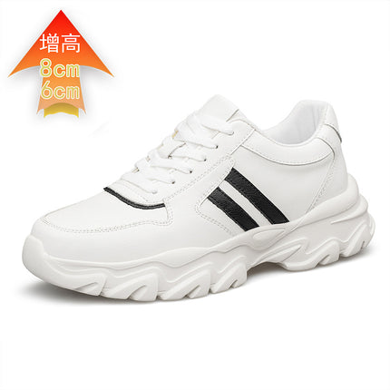 Men's Shoes Inner Height Increase 6/8 Sports Casual Shoes Spring Low-top Cowhide Face Thick-soled Running Small White Sneakers