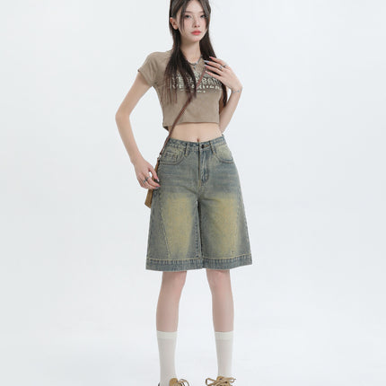 American Retro Old Washed Denim Shorts New Loose Slimming High Waist Non-bullet Mid-length Pants