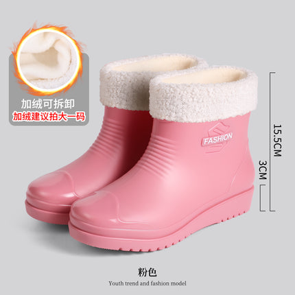 Short-Tube Women's Rain Boots for Adults, Non-Slip, Wear-Resistant, Soft-Soled Rain Boots, Waterproof Shoes, Rubber Shoes, Water Boots, Car Wash, All-Season, Fleece-Lined, Durable