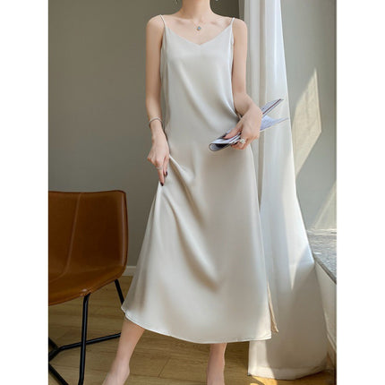 Simulated Silk Satin Suspender Dress for Women in Spring and Summer with Suit Acetate French Mid-length Design Niche Trend