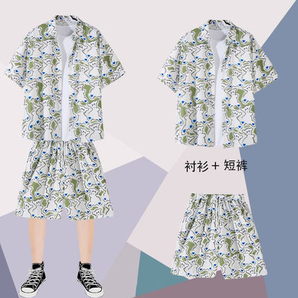 Summer thin short-sleeved floral shirt men's Hong Kong style retro Ruan Shuai Hawaiian seaside couple short-sleeved shorts two-piece set