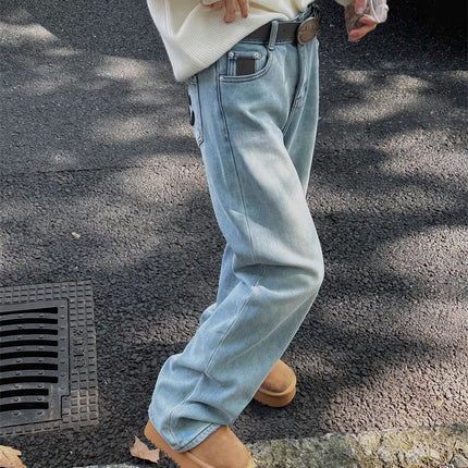 Spring 2025 New Fashion Straight High Waist Pocket Smiley light blue Wide Leg Internet Celebrant Hot Jeans for Women