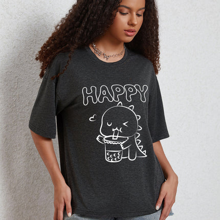Fashion Joker Texture Color Cotton T-shirt Cartoon Dinosaur Clove Printing Casual Loose Short Sleeve European and American Cross