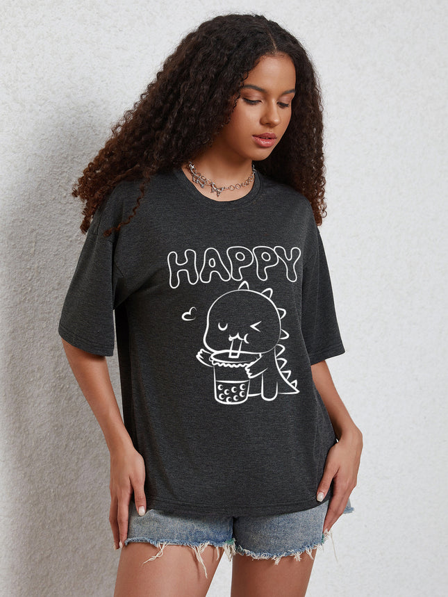 Fashion Joker Texture Color Cotton T-shirt Cartoon Dinosaur Clove Printing Casual Loose Short Sleeve European and American Cross