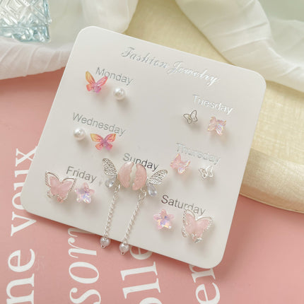 Exquisite Pink Zircon Butterfly Earrings suit Light Luxury High-end Earrings Sweet Fairy Style Earrings Summer Seaside