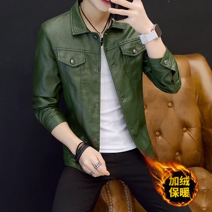 Men's lapel leather coat Korean-style trendy slim-fit motorcycle green thin leather jacket trendy autumn and winter workwear coat for men