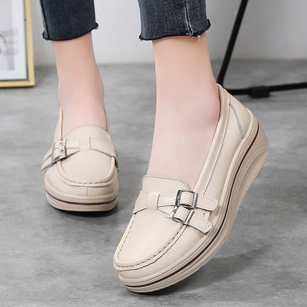 2025 Spring New Casual Thick-Soled Wedge Heel Large Size Slip-On Round Toe Metal Buckle Comfortable and Versatile Mother's Shoes