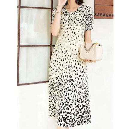 Miyake pleated 2025 summer new temperament round neck printed pleated skirt fashion waist thin magic dress