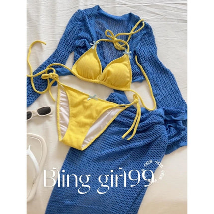 Source Manufacturer Fresh Blue and Yellow Contrasting Color Split Bikini Swimsuit, Feminine and Flesh-Covering, Perfect and Beautiful Swimsuit