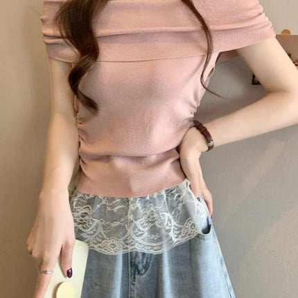 Green off-shoulder short-sleeved top women's dopamine in early summer is beautiful and beautiful and pure waist T-shirt