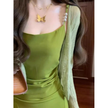2025 New Summer Vacation French-Style Spaghetti Strap Green Dress Trendy High-End Elegant Stunning Super Fairy Dopamine