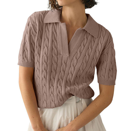 2025 Export Amazon European and American Clothing Polo Collar Short-Sleeved Knitwear Women's Casual Pure Color Cable Knitted Knitwear