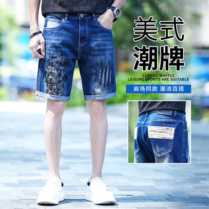 Cross-Border Popular Summer Men's Jeans Straight Fashion Street Fashion High-End Casual Elastic Five-Point Pants New Style