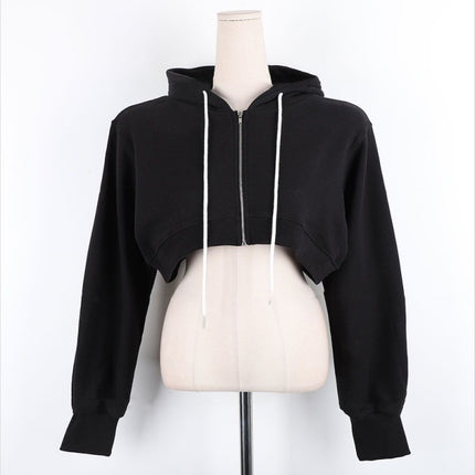 New 2026 Spring and Autumn Korean Style Hooded Solid Color Simple American-Style Zip-Up Cardigan Jacket, Trendy Crop Top Sweatshirt for Women