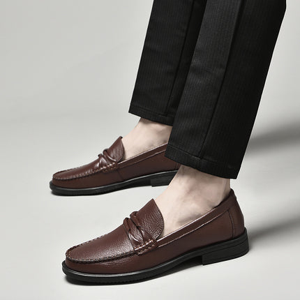 Men's Spring Leather Shoes with Round Head and Shallow Mouth Set Foot Rubber Non-slip Youth Business Head-layer Cowhide Leather Shoes Black Brown