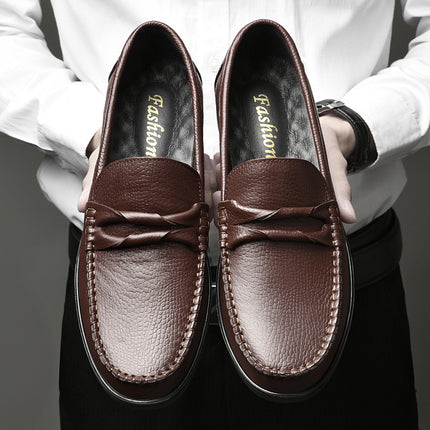 Men's Spring Leather Shoes with Round Head and Shallow Mouth Set Foot Rubber Non-slip Youth Business Head-layer Cowhide Leather Shoes Black Brown