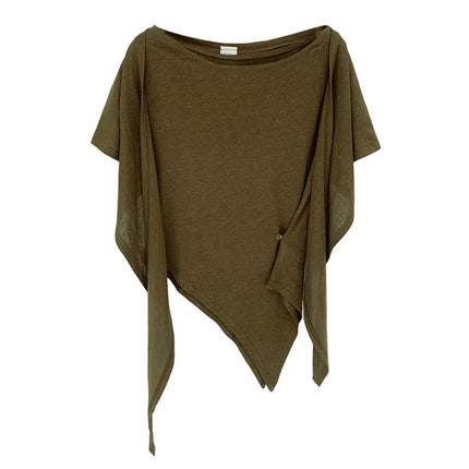 Petite Lazy Linen Cotton Shawl Set for Women Summer 2025 New Waist-Slimming Asymmetrical Short Sleeve Top Two-Piece Set