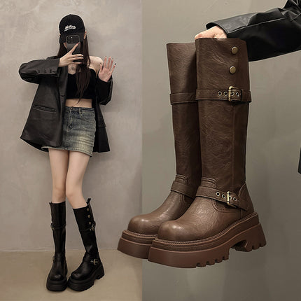Over-The-Knee Boots for Women 2025 New British Style Thick Heel Thick Sole Fashion Boots Belt Buckle Popular Knight Boots Trend