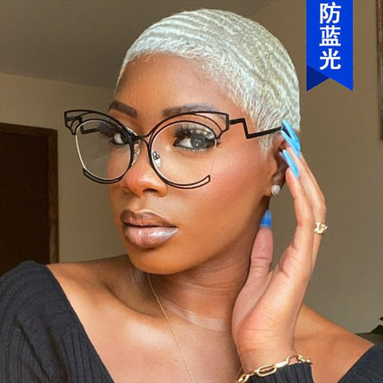 Folding Curved Leg Cat Eye Large Frame Hollow Flat Mirror 2023 New Metal Glasses Frame Ins Concave Shape Anti-Blue Light