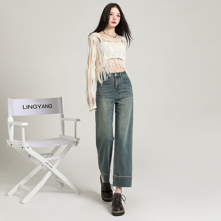 Korean-style All-match Cropped Straight Jeans Women's 2025 Spring New High Waist Elastic Slimming Smoke Pipe and French Stick Pants