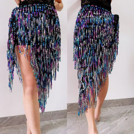 New Belly Dance Practice Dress Waist Chain Oriental Dance Hip Towel Dress Sequins Tassel Sago Heavy Industry Drummy Dress Women