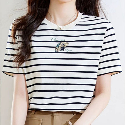 Korean Style Fashionable Half-Sleeved Women's Summer Black and White Stripesd Short-Sleeved T-Shirt Hong Kong Style Stitching Contrasting Color Bottoming Top Ins Half-Sleeved
