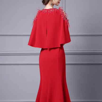 Zhili Red dress plus size Women's chubby girl Belly Covering Light Luxury High-end Important Occasion Shoulder Dress