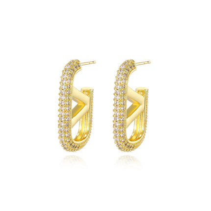 European and American Light Luxury Full Diamond U-Shaped Horseshoe Buckle Earrings Ear Buckle Cold Style Retro Style Hollow Letter V Copper Earrings