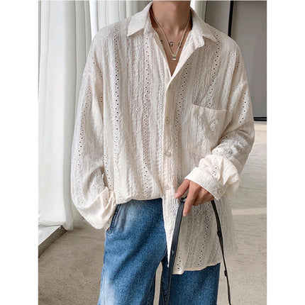 Light Luxury Niche Hollow Design Sense Shirt Men's Ins Neutral Puffy Handsome Loose Long-sleeved Shirt Trendy Chanel Style Coat
