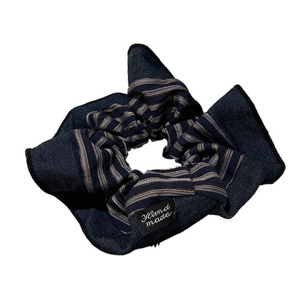 High-end sense exquisite retro navy blue wide-brimmed French stripe pleated low ponytail ball hair accessories women's new hair rope