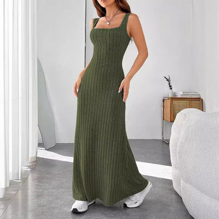 2024 New Solid Color Pit Scrub Sling Sling Casual Style Dress Women's Long Dress