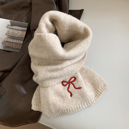 Japanese Style Cute Bow Scarf Winter Women's New Style Atmosphere Cold-proof Warm Neck Knitted Scarf Embroidery