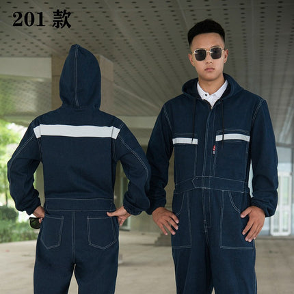 Denim Reflective One-Piece Workwear Suit for Men, Welder, Spray Painter, Auto Mechanic Workwear, Long-Sleeved Labor Protection Clothing