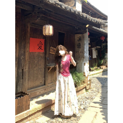 2026 New Summer Korean Style Outfit Set for Women: Raspberry Pink Knit Top and High-Waisted Slimming Skirt Two-Piece Set