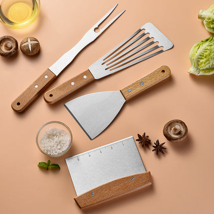 Wooden Handle Stainless Steel Spatula Korean Teppanyaki Cooking Spatula Steak Spatula Pancake Pizza Spatula Tool Set