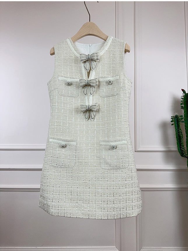 2025 Spring/Summer New High-End Tweed Bow Dress Slimming Petite Fashion Light Luxury