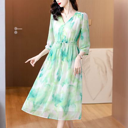 French Style Gentle Dizzy Dyed dress Women's 2024 Summer New Fashionable Elegant Lace-up Waist Slimming Dress
