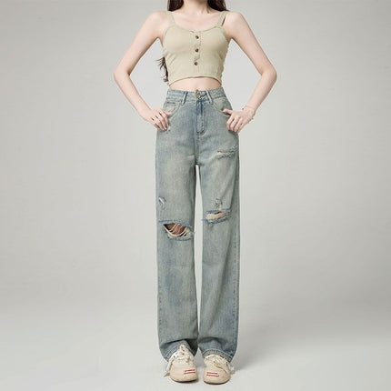 Ripped Jeans Women's Summer Thin Straight Loose 2024 New High Waist Wide Leg Draping Slimming Floor Trousers