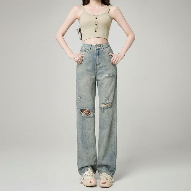 Ripped Jeans Women's Summer Thin Straight Loose 2024 New High Waist Wide Leg Draping Slimming Floor Trousers