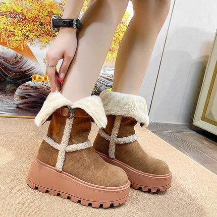 Fur Integrated Snow Boots for Women 2025 New Belt Buckle Thick Heel Thick Sole Fashion Mid-Calf Boots Foldable Two-Wear Women's Boots