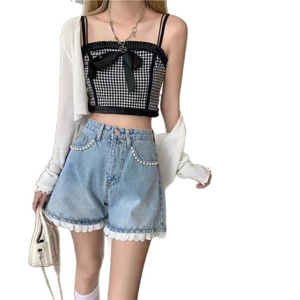 Designed Lace High-Waisted Denim Shorts for Women, Summer Thin Hot Pants, Loose Wide-Leg Pants, Summer Hot Pants