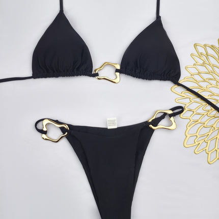In-Stock 2025 New Style Two-Piece Bikini Swimsuit for Women, European and American Fashion, Sexy Accessories, Buckle Nylon Solid Color Swimwear