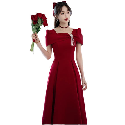 Toast Dress Bride Wedding Red High-end Engagement Mid-length Banquet Back Door Slimming High-end Autumn and Winter dress